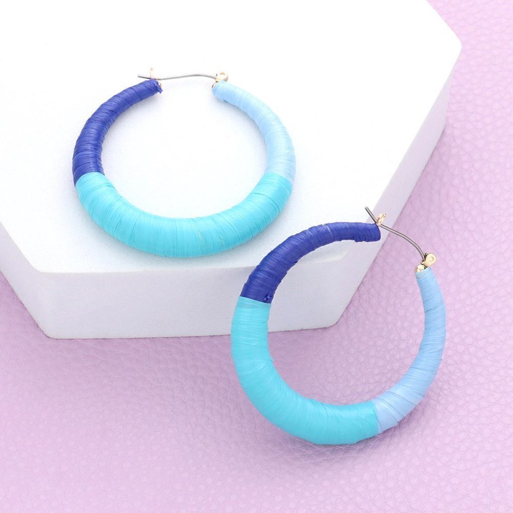 NWT Blue Color Block Raffia‎ Wrapped Hoop Pin Earrings